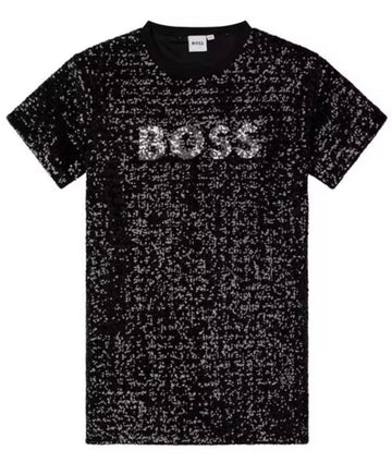 Boss Girls Black Sequin Logo Dress